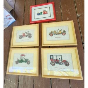 Vintage Set Of 5 Crewel Embroidered Framed Classic Cars Train Wall‎ Art Rare